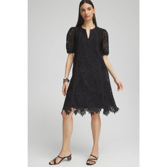 Chico's Dresses & Skirts - NEW Chico's Lace Leaf Dress Women's Size 14 Black Textured Short Sleeve Boho